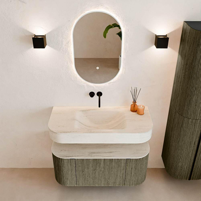 MONDIAZ THOR-DLUX 100cm meuble de salle de bains arrondi gauche + droite couleur Shadow avec 1 tiroir et 2 portes. Vasque suspendue CLOUD Centre sans trou de robinet couleur Meli.