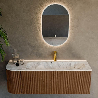 MONDIAZ KURVE-DLUX 135cm Meuble salle de bain avec module 25 G - couleur Walnut - 1 tiroir - 1 porte - vasque BIG MEDIUM droite - 1 trou de robinet - couleur Glace