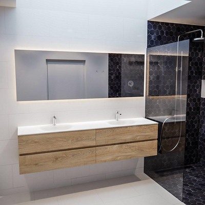 MONDIAZ VICA Ensemble de meuble salle de bain - 200cm - 4 tiroirs - lavabo Moon double - 2 trous de robinet - solid surface chêne blanchi