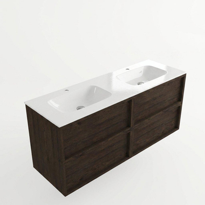 Saniclass Holz Frame Ensemble de meubles de salle de bains - 140x45x61.5cm - Flow lavabo en solid surface blanc - 2 vasques - 2 trous de robinetterie - 4 tiroirs - chêne charcoal mat (bois)