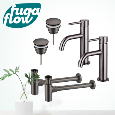 FugaFlow Eccelente Sobrado Badkamer Slim Wastafelkraanset - voor dubbele wastafel - lage wastafelkraan - klikwaste plug - design sifon - PVD Gepolijst Gunmetal