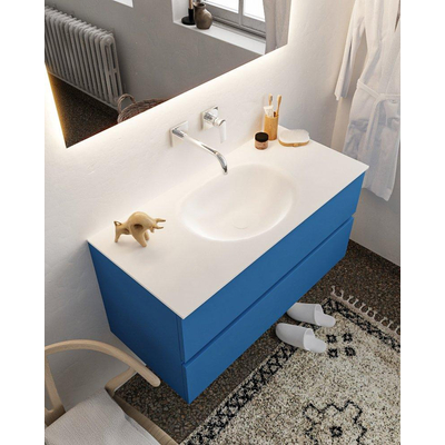 Mondiaz VICA ensemble de meuble de salle de bain - 100cm - meuble sous-vasque jeans - 2 tiroirs - lavabo moon milieu - sans trou de robinet - miroir LED - version XL 60cm de haut