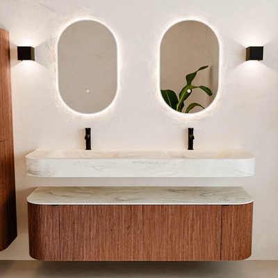 MONDIAZ THOR-DLUX 160cm meuble de salle de bains arrondi gauche + droite couleur Ruby avec 1 tiroir et 2 portes. Vasque suspendue CLOUD Double 2 trous de robinet couleur Ostra.