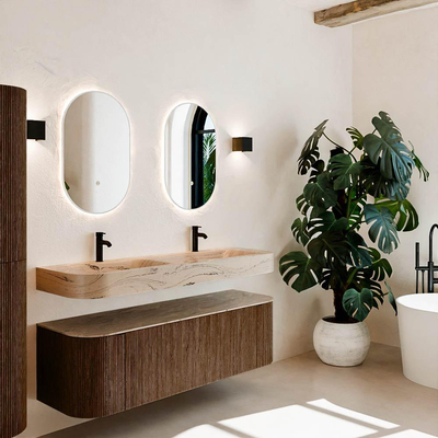 MONDIAZ THOR-DLUX 150cm meuble de salle de bains arrondi gauche + droite couleur Walnut avec 1 tiroir et 2 portes. Vasque suspendue CLOUD Double 2 trous de robinet couleur Arena.