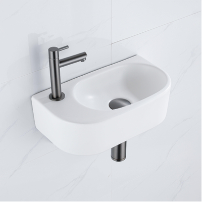 Fugaflow Efficiente Pietra Fonteinset - 40x21.5x12cm - links - glad - halfrond - 1 kraangat - keramiek - fonteinkraan gunmetal - afvoerplug - verlaagd sifon - wit mat