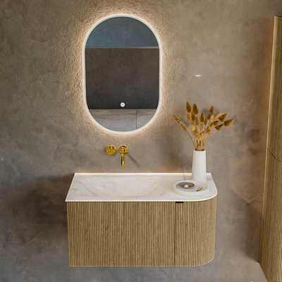 Mondiaz KURVE-DLUX Ensemble de meuble de salle de bains - 85x46x40cm - 1 tiroir - 1 porte - lavabo solid surface - gauche - sans trou de robinet - Dusk