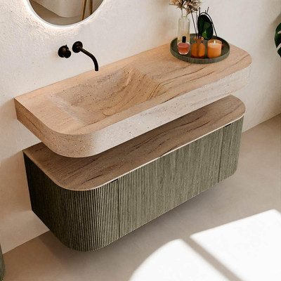 MONDIAZ THOR-DLUX Meuble de salle de bains 120cm arrondi gauche + droite couleur Shadow avec 1 tiroir et 2 portes. Vasque suspendue CLOUD Gauche sans trou de robinet couleur Saba.