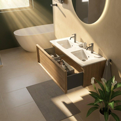 Saniclass Holz Frame Ensemble meuble de salle de bains - 120x45x42cm - Vygo lavabo en céramique blanc - 2 vasques - 2 trous de robinetterie - 1 tiroir - chêne natural mat (bois)
