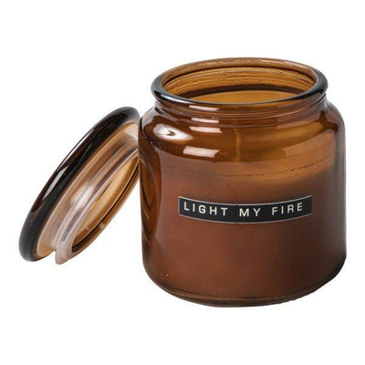 Wellmark Grande bougie parfumée verre brun Cedarwood texte LIGHT MY FIRE