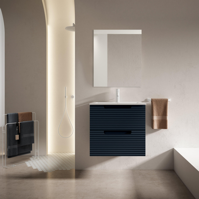 Saniclass Prime Balance Ensemble meuble de salle de bains - 60x55x45cm - 1 vasque rectangulaire en céramique blanche - 1 trou de robinet - 2 tiroirs - miroir rectangulaire - bleu marine mat