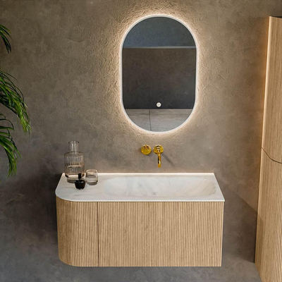 MONDIAZ KURVE-DLUX 95cm Meuble salle de bain avec module 25 G - couleur Oak - 1 tiroir - 1 porte - vasque BIG SMALL droite - sans trou de robinet - couleur Opalo