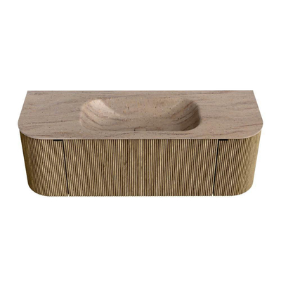MONDIAZ KURVE-DLUX Meuble de salle de bains 130cm arrondi Gauche + Droite couleur Dusk avec 1 tiroir et 2 portes. Vasque BIG SMALL au centre sans trou de robinet Saba.