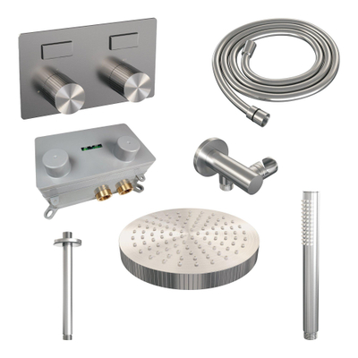 BRAUER Stripe Thermostatische Inbouw Regendouche - drukknoppen - SET 27 - 25cm douchekop - plafondarm - staaf handdouche - doucheslang - wandaansluitbocht - RVS-kleurig geborsteld PVD