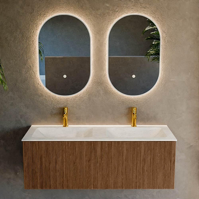 MONDIAZ KURVE-DLUX 120cm Meuble salle de bain - couleur Walnut - 1 tiroir - vasque LEAF double - 2 trous de robinet - couleur Opalo