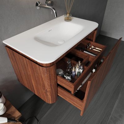 Saniclass Terra Ensemble meuble de salle de bains - 80cm - 2 tiroirs - vasque en solid surface - 1 lavabo - sans trous de robinet - coins arrondis - châtaignier (noisette)