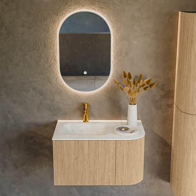 MONDIAZ KURVE-DLUX 75cm Meuble salle de bain avec module 25 D - couleur Oak - 1 tiroir - 1 porte - vasque GRUNNE gauche - 1 trou de robinet - couleur Opalo