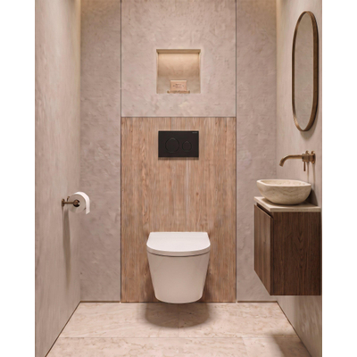 QeramiQ Dely Toiletset - 36.3x51.7cm - Geberit UP720 inbouwreservoir - rimless - diepspoel - 35mm zitting - softclose - kunststoffen bedieningsplaat mat zwart - ronde knoppen - mat wit