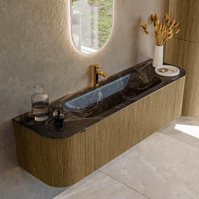 Mondiaz KURVE-DLUX Badkamermeubelset - 160x46x40cm - 1 lade - 2 deuren - wastafel solid surface - midden - 1 kraangat - Dusk