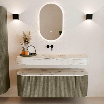 MONDIAZ THOR-DLUX 130cm meuble de salle de bains arrondi gauche + droite couleur Shadow avec 1 tiroir et 2 portes. Vasque suspendue CLOUD Milieu sans trou de robinet couleur Nata.