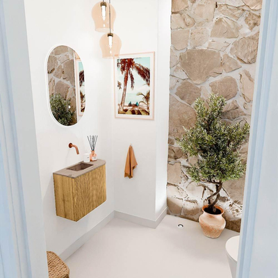 Mondiaz JOYA-DLUX 51.6cm toiletmeubel - ronding rechts kleur Oak - Wastafel FAYE positie Links Zonder kraangat kleur Arena.