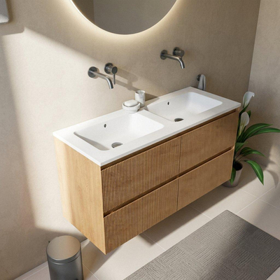 Saniclass Holz Atelier Ensemble meuble de salle de bains - 120x45x77.5cm - Lavabo Torino en solid surface blanc - sans trou de robinet - 2 tiroirs - chêne natural mat (bois)