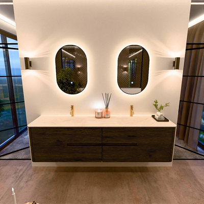 Mondiaz CIRO-DLUX Badkamermeubelset - 190x45x50cm - Solid surface wastafel Meli - 2 wasbak Dubbel - 2 kraangaten - 4 lades - Shadow