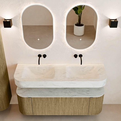 MONDIAZ THOR-DLUX 140cm meuble de salle de bains arrondi gauche + droite couleur Dusk avec 1 tiroir et 2 portes. Vasque suspendue CLOUD Double sans trou de robinet couleur Opalo.