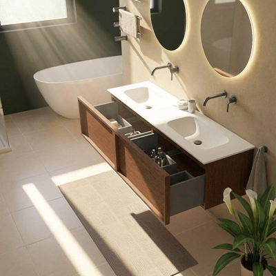 Saniclass Holz Frame Ensemble de meubles de salle de bains - 160x45x41.5cm - Flow lavabo en solid surface blanc - 2 vasques - sans trous de robinetterie - 2 tiroirs - noyer pure mat (bois)