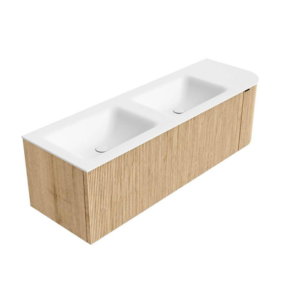 MONDIAZ KURVE meuble de salle de bains 145 cm avec module 25 R couleur Chêne avec 1 tiroir et 1 porte. Lavabo CLOUD double / gauche 2 trous de robinet Talc.
