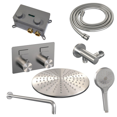 BRAUER Brushed Edition Douche de tête thermostatique encastrée - boutons-poussoirs - SET 58 - douche de tête 30cm - bras mural courbé - douchette 3 jets - flexible de douche - coude de raccordement mural - inox brossé PVD