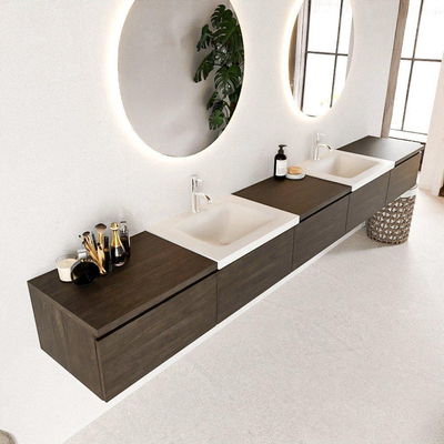 Mondiaz BUKLA badkamermeubelset 300x45x34cm 2 kraangaten 2 wasbakken solid surface Talc greeploos 5 lades met softclose Melamine Dark brown