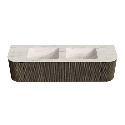 MONDIAZ KURVE-DLUX 170cm meuble de salle de bains arrondi Gauche + Droite couleur Shadow avec 1 tiroir et 2 portes. Lavabo LEAF Double sans trou de robinet Meli.
