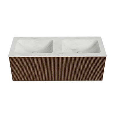 MONDIAZ KURVE-DLUX 120cm Meuble salle de bain - couleur Walnut - 1 tiroir - vasque LEAF double - 2 trous de robinet - couleur Opalo