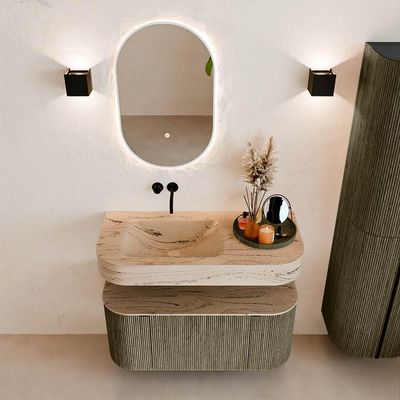 MONDIAZ THOR-DLUX 100cm meuble de salle de bains arrondi gauche + droite couleur Shadow avec 1 tiroir et 2 portes. Vasque suspendue CLOUD gauche sans trou de robinet couleur Arena.