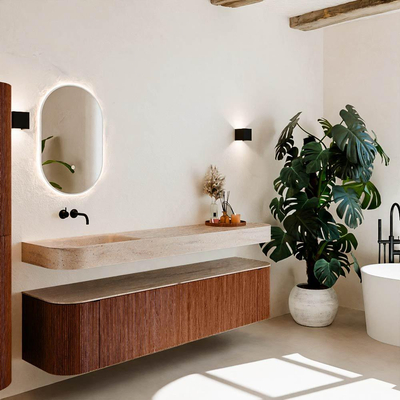 MONDIAZ THOR-DLUX Meuble de salle de bains 190cm arrondi gauche + droite couleur Ruby avec 2 tiroirs et 2 portes. Vasque suspendue CLOUD Gauche sans trou de robinet couleur Saba.