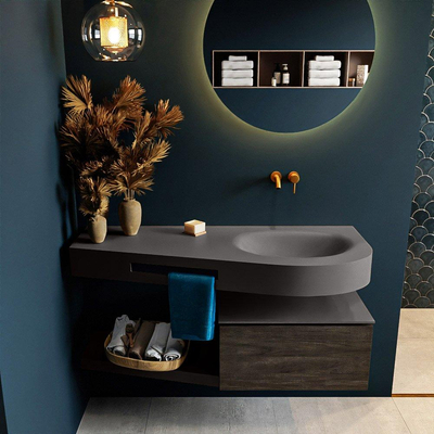 MONDIAZ RIVA Badkamermeubelset - 120x50x30cm - 1 lade - MDF Dark Brown mat - push to open - 0 kraangaten - wasbak rechts - solid surface darkgrey