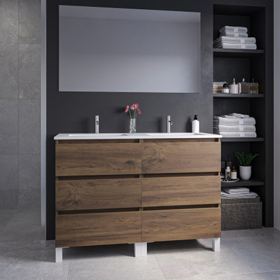 Saniclass Chaci PLUS Meuble de salle de bain - 120x86x46cm - lavabo en céramique blanc - 2 vasques - 2 trous de robinet - 6 tiroirs - miroir rectangulaire - noyer (hout)