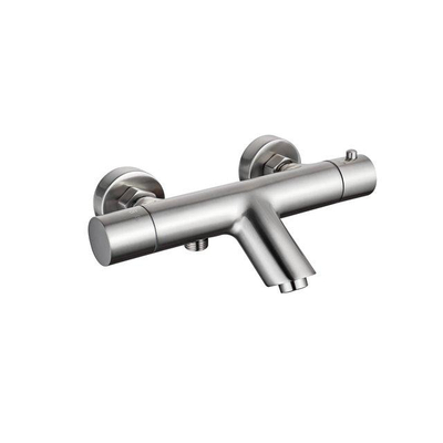 Fortifura Calvi Robinet de baignoire thermostatique avec douchette ronde, support et flexible lisse Inox brossé PVD
