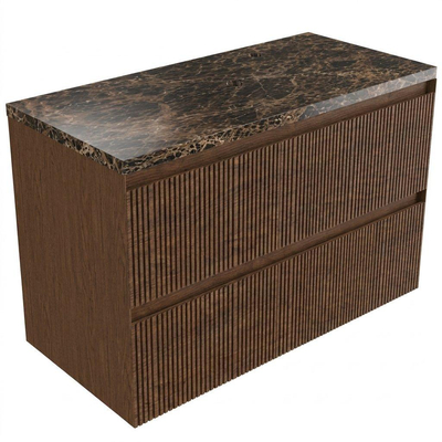 Saniclass Holz Atelier Ensemble de meubles de salle de bains - 100x45x63cm - Plan de toilette en pierre naturelle Noche dark emperador - 1 trou de robinetterie - 2 tiroirs - walnut pure mat (bois)
