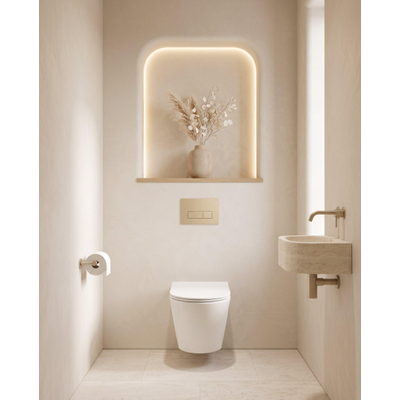 QeramiQ Dely Toiletset - 36.3x51.7cm - Geberit UP720 inbouwreservoir - rimless - diepspoel - zitting - softclose - bedieningsplaat beige - rechthoekige knoppen - glans wit
