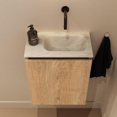 MONDIAZ TURE-DLUX Meuble de toilette 40 cm Washed Oak. Lavabo EDEN Ostra position droite. Sans trou de robinet.