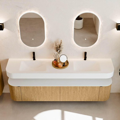 MONDIAZ THOR 200cm badmeubel ronding links + rechts kleur Oak met 2 lades en 2 deuren. Vrijhangende wastafel CLOUD Dubbel 2 kraangaten kleur Talc.