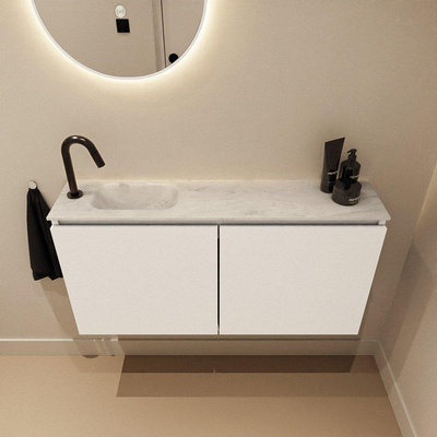 MONDIAZ TURE-DLUX Meuble toilette - 100cm - Talc - EDEN - vasque Opalo - position gauche - 1 trou de robinet