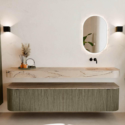 MONDIAZ THOR-DLUX Meuble de salle de bains - 200cm - arrondi gauche + droite - couleur Shadow - 2 tiroirs - 2 portes - Vasque suspendue CLOUD Droite sans trou de robinet - couleur Arena