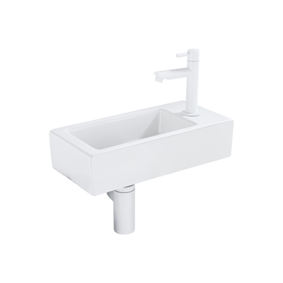 QeramiQ Fuente pack lave-mains – 37,5 x 18,5 x 9 cm – céramique blanc mat – perçage à droite – robinet blanc mat