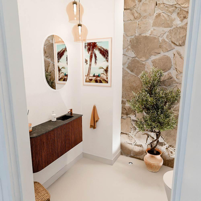 Mondiaz JOYA-DLUX 91.6cm meuble de toilette - arrondi gauche couleur Ruby - Vasque FAYE position Droite 1 trou de robinet couleur Lava.