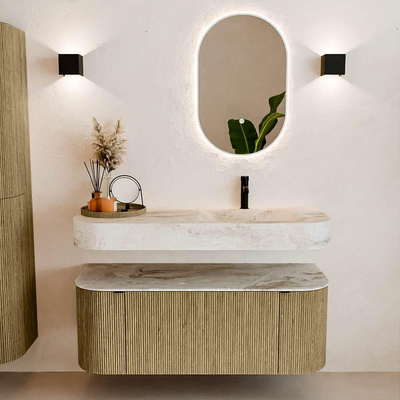 MONDIAZ THOR-DLUX 120cm meuble de salle de bains arrondi gauche + droite couleur Dusk avec 1 tiroir et 2 portes. Vasque suspendue CLOUD Droite 1 trou de robinet couleur Frappe.