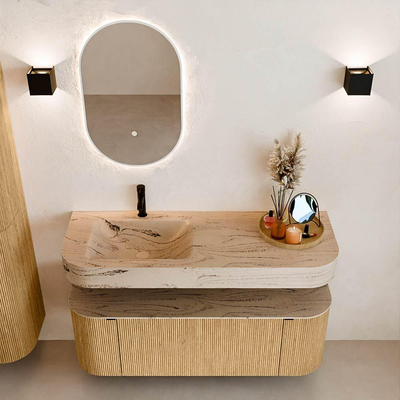 MONDIAZ THOR-DLUX 130cm badmeubel ronding links + rechts kleur Oak met 1 lade en 2 deuren. Vrijhangende wastafel CLOUD Links 1 kraangat kleur Arena.