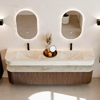 MONDIAZ THOR-DLUX 200cm badmeubel ronding links + rechts kleur Walnut met 2 lades en 2 deuren. Vrijhangende wastafel CLOUD Dubbel 2 kraangaten kleur Ostra.