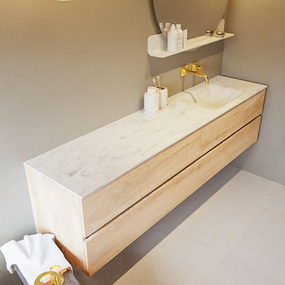 MONDIAZ VICA-DLUX Ensemble meuble de salle de bains - 200cm - meuble bas Washed oak - 4 tiroirs - lavabo encastré cloud à droite - sans trous de robinet - version haute 60cm - opalo